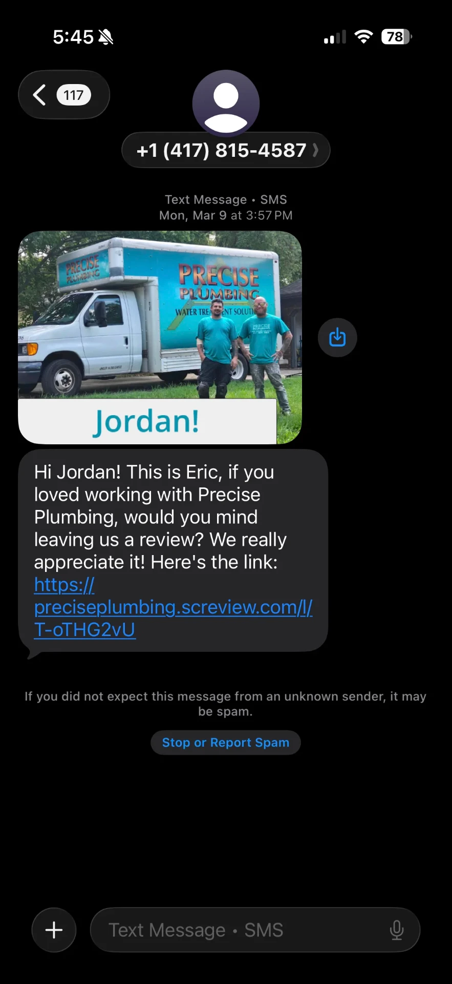 Text message review request featuring a personalized image with the customer's name over a branded company photo.