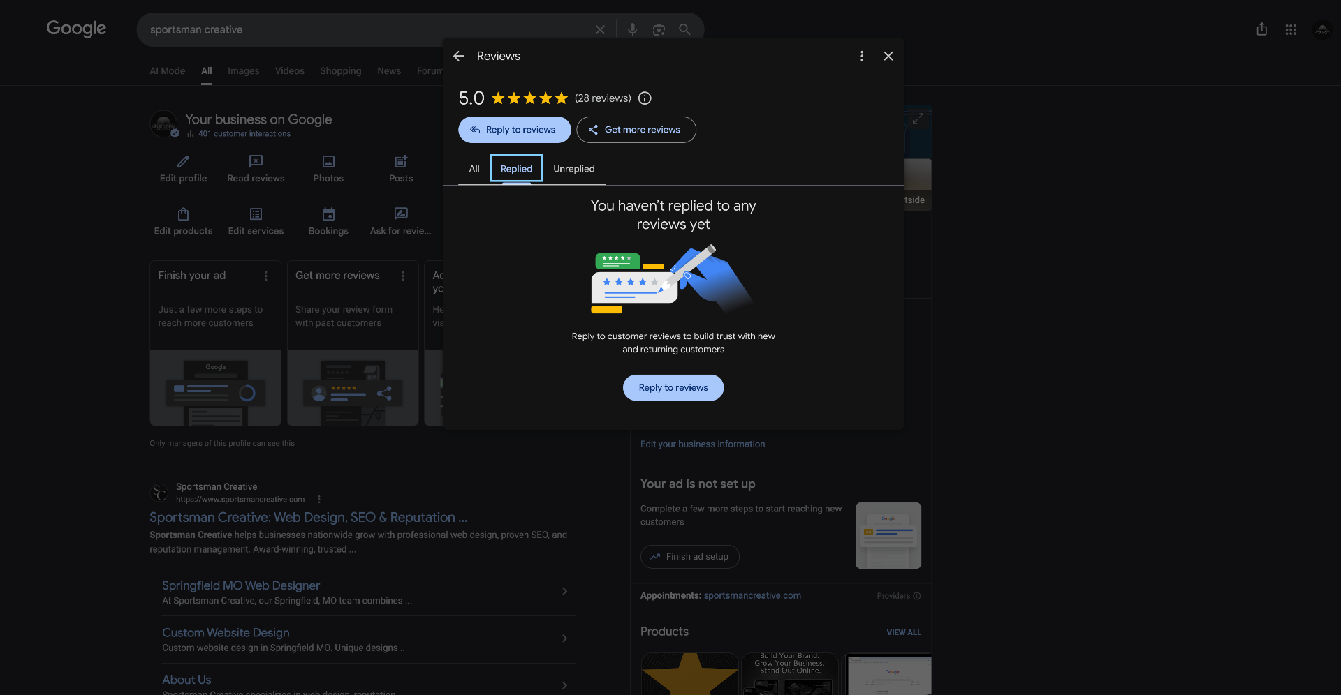 Google Business Profile Reviews panel showing the Replied tab with an empty state that reads 'You haven't replied to any reviews yet' — even though the business has replied to dozens of reviews over the years.