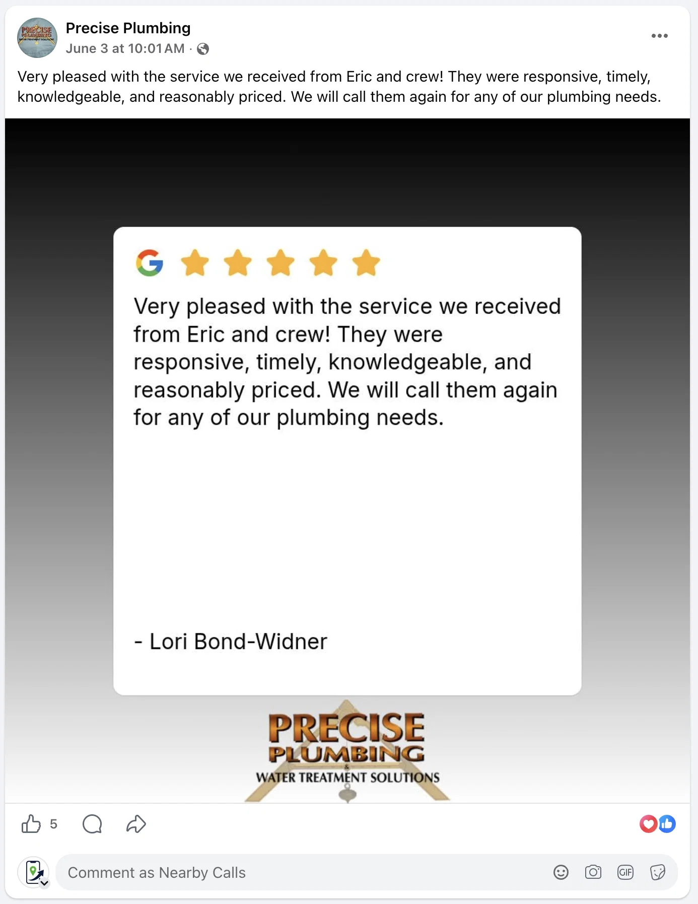 Branded social media post featuring a five-star Google review from a customer.