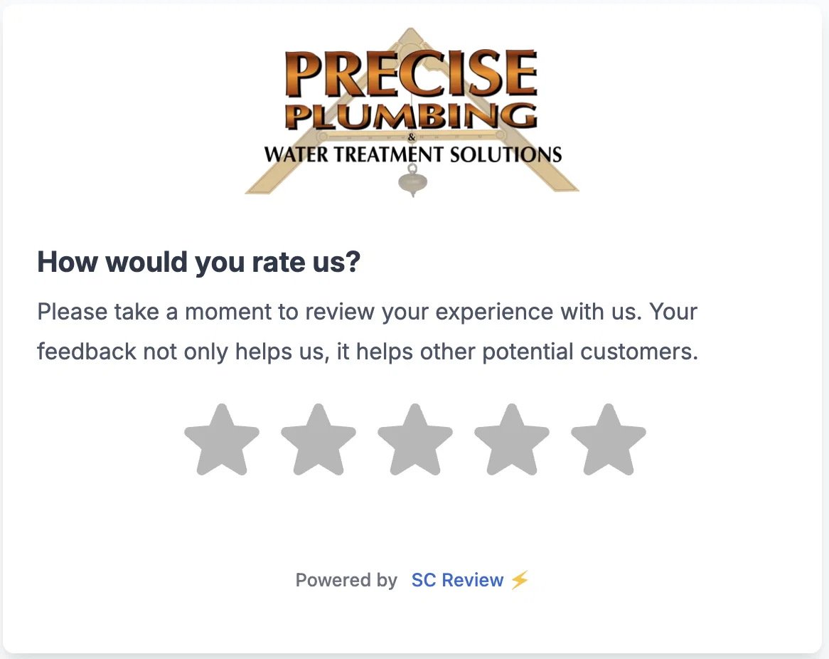 Custom branded review request page asking 'How would you rate us?' with a five-star selector.