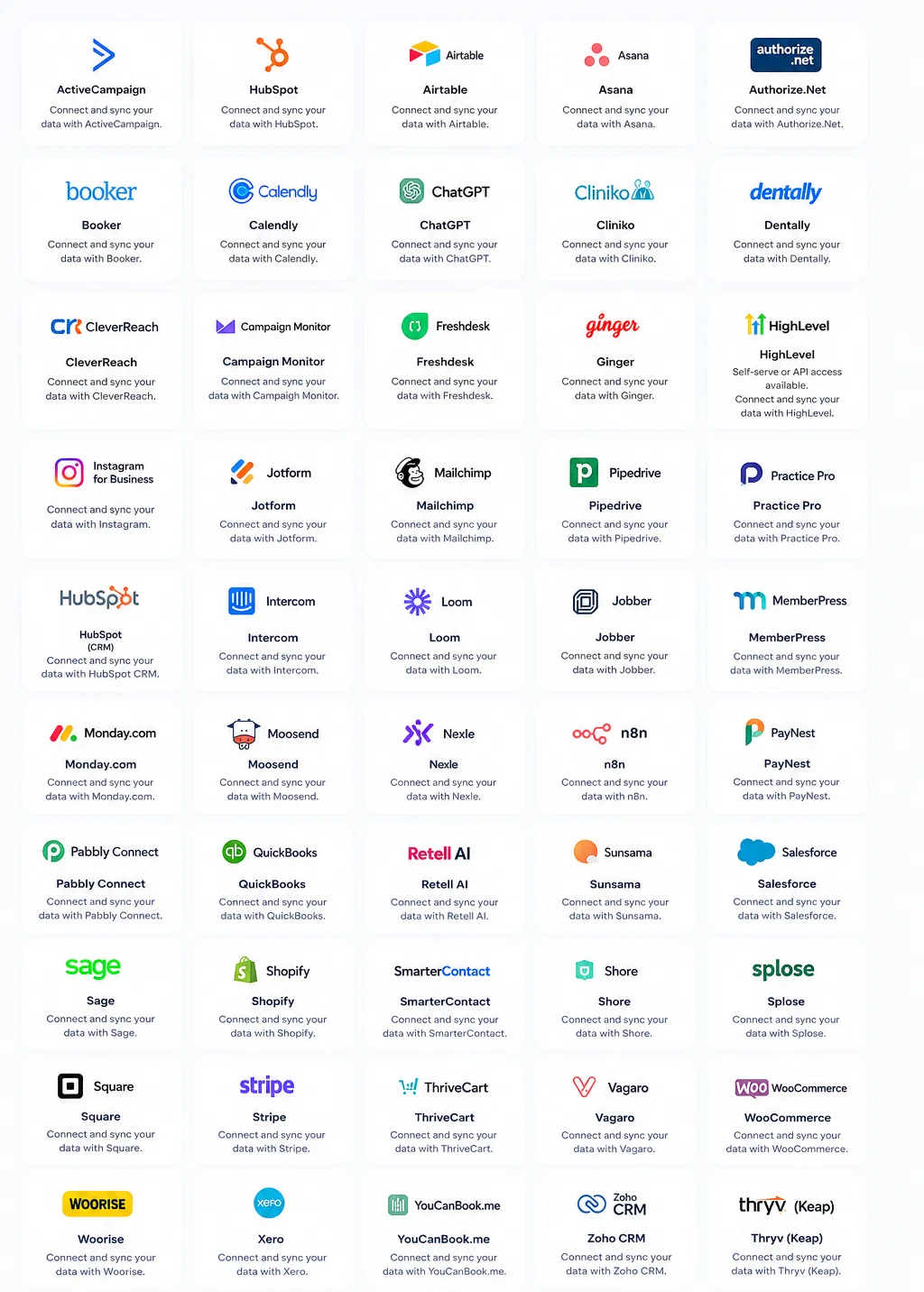 Grid of integration logos including HubSpot, QuickBooks, Salesforce, Jobber, ServiceTitan-style tools, and more.