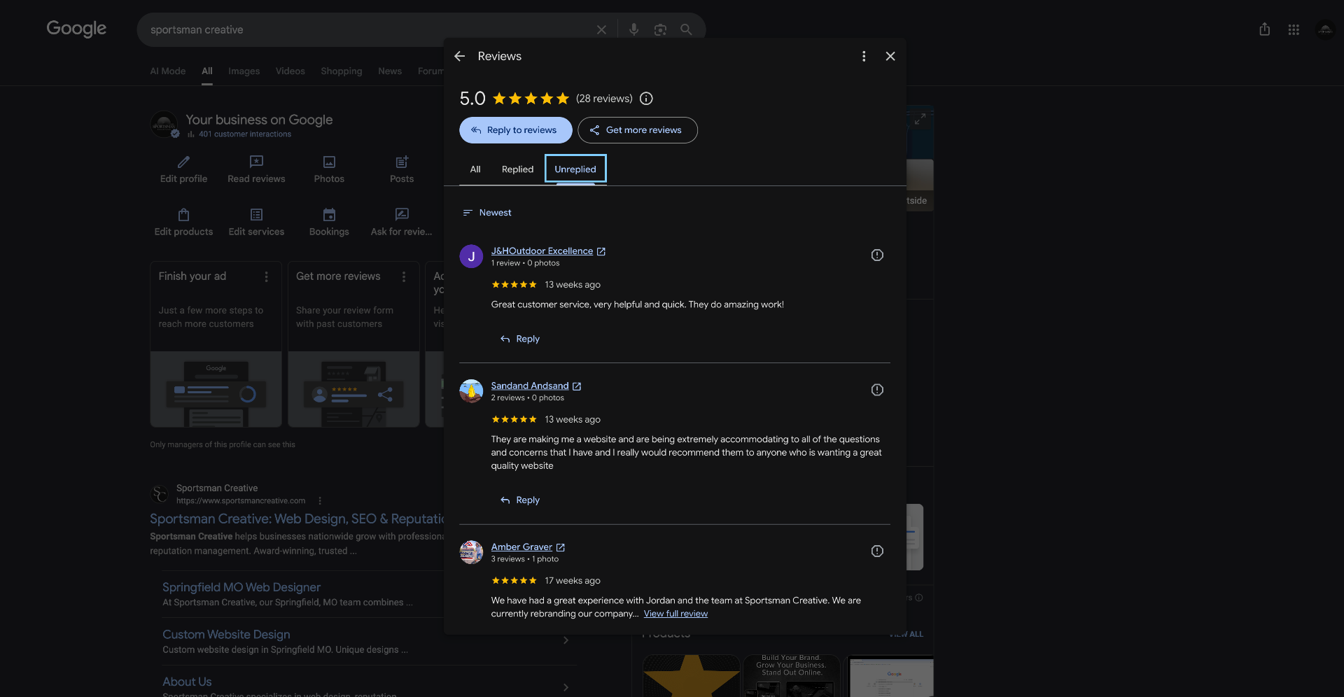 Google Business Profile Reviews panel showing the Unreplied tab listing customer reviews from 13 and 17 weeks ago that had previously been replied to but are now displayed as unreplied.